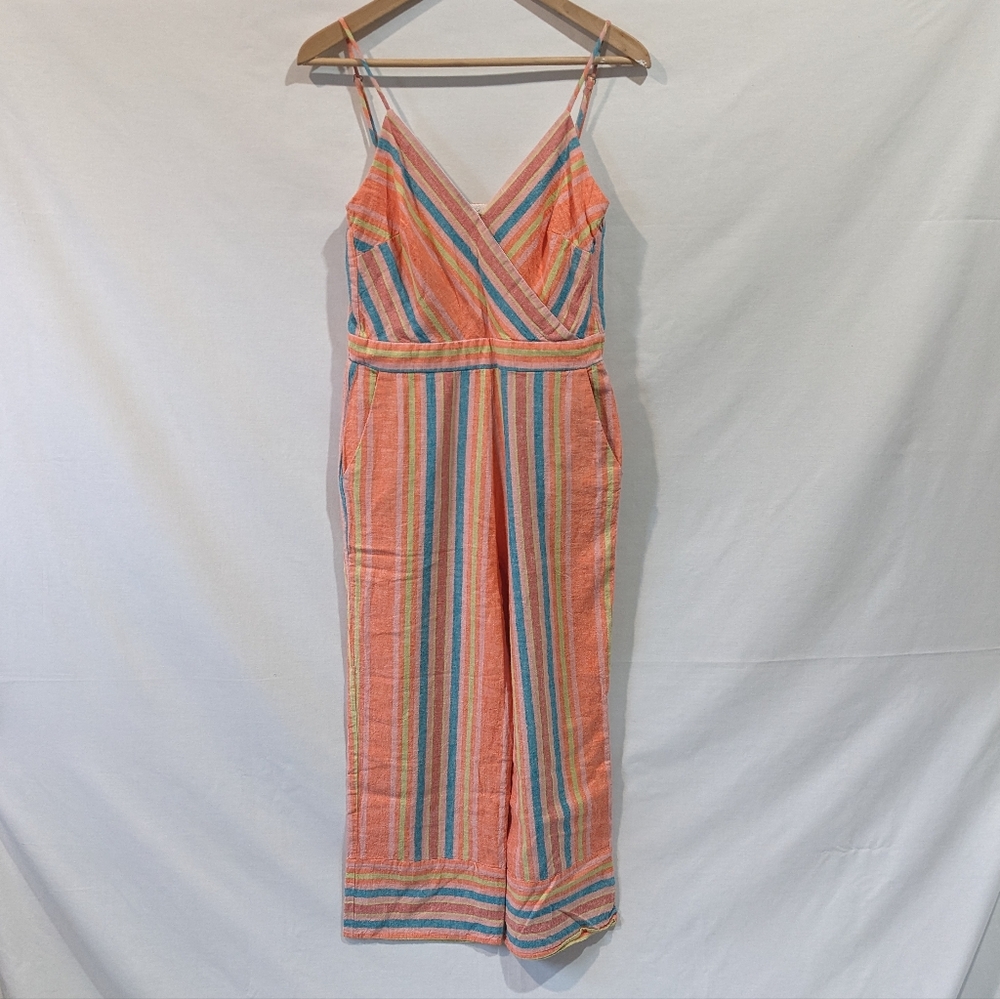 Willow & Clay Linen Blend Colorful Striped Onesie/Overalls/Romper with Pockets S